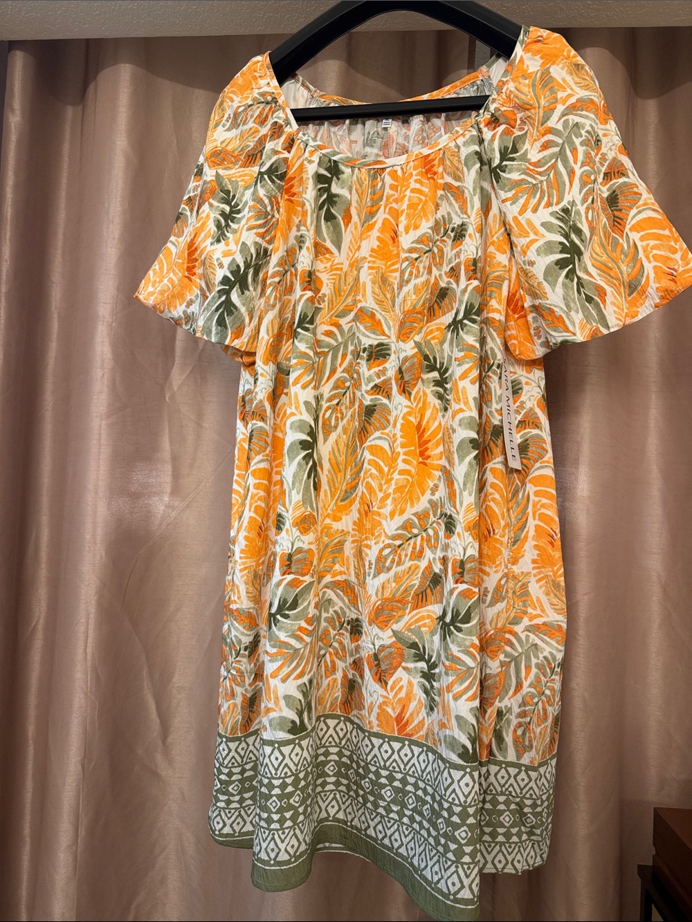 Sara Michelle Orange and Green Leaf-Print Midi Dress